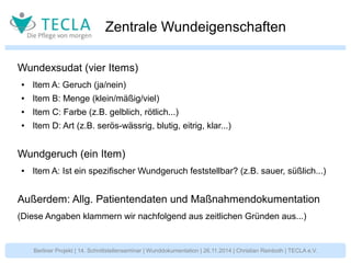 Zentrale Wundeigenschaften 
Wundexsudat (vier Items) 
● Item A: Geruch (ja/nein) 
● Item B: Menge (klein/mäßig/viel) 
● Item C: Farbe (z.B. gelblich, rötlich...) 
● Item D: Art (z.B. serös-wässrig, blutig, eitrig, klar...) 
Wundgeruch (ein Item) 
● Item A: Ist ein spezifischer Wundgeruch feststellbar? (z.B. sauer, süßlich...) 
Außerdem: Allg. Patientendaten und Maßnahmendokumentation 
(Diese Angaben klammern wir nachfolgend aus zeitlichen Gründen aus...) 
Berliner Projekt | 14. Schnittstellenseminar | Wunddokumentation | 26.11.2014 | Christian Reinboth | TECLA e.V. 
 