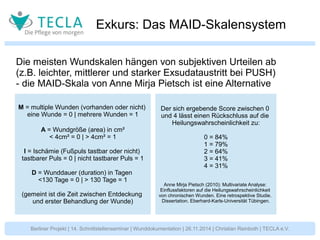 Exkurs: Das MAID-Skalensystem 
Die meisten Wundskalen hängen von subjektiven Urteilen ab 
(z.B. leichter, mittlerer und starker Exsudataustritt bei PUSH) 
- die MAID-Skala von Anne Mirja Pietsch ist eine Alternative 
M = multiple Wunden (vorhanden oder nicht) 
eine Wunde = 0 | mehrere Wunden = 1 
A = Wundgröße (area) in cm² 
< 4cm² = 0 | > 4cm² = 1 
I = Ischämie (Fußpuls tastbar oder nicht) 
tastbarer Puls = 0 | nicht tastbarer Puls = 1 
D = Wunddauer (duration) in Tagen 
<130 Tage = 0 | > 130 Tage = 1 
(gemeint ist die Zeit zwischen Entdeckung 
und erster Behandlung der Wunde) 
Der sich ergebende Score zwischen 0 
und 4 lässt einen Rückschluss auf die 
Heilungswahrscheinlichkeit zu: 
0 = 84% 
1 = 79% 
2 = 64% 
3 = 41% 
4 = 31% 
Anne Mirja Pietsch (2010): Multivariate Analyse: 
Einflussfaktoren auf die Heilungswahrscheinlichkeit 
von chronischen Wunden. Eine retrospektive Studie. 
Dissertation. Eberhard-Karls-Universität Tübingen. 
Berliner Projekt | 14. Schnittstellenseminar | Wunddokumentation | 26.11.2014 | Christian Reinboth | TECLA e.V. 
 