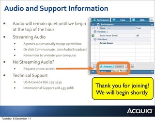Audio	
  and	
  Support	
  Information
 •      Audio	
  will	
  remain	
  quiet	
  until	
  we	
  begin	
  
        at	
  the	
  top	
  of	
  the	
  hour
 •      Streaming	
  Audio
         •      Appears	
  automatically	
  in	
  pop-­‐up	
  window	
  
         •      Or	
  click	
  Communicate	
  :	
  Join	
  Audio	
  Broadcast
         •      Remember	
  to	
  unmute	
  your	
  computer

 •      No	
  Streaming	
  Audio?
         •      Request	
  phone	
  access

 •      Technical	
  Support
         •      US	
  &	
  Canada	
  866.229.3239
         •      International	
  Support	
  408.435.7088                        Thank you for joining!
                                                                                We will begin shortly.



Tuesday, 6 December 11
 