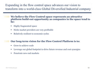 Expanding in the flow control space advances our vision to
transform into a world-class Global Diversified Industrial company
2015 Hillenbrand 18
We believe the Flow Control space represents an attractive
platform build-out opportunity as companies in the space tend to
be:
 Highly fragmented space
 Niche market providers are very profitable
 Relatively resilient to economic cycles
Our long-term vision for the Flow Control Platform is to:
 Grow to achieve scale
 Leverage our global footprint to drive future revenue and cost synergies
 Penetrate new end markets
 