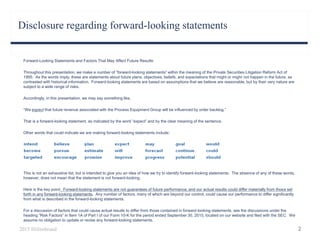 Forward-Looking Statements and Factors That May Affect Future Results:
Throughout this presentation, we make a number of “forward-looking statements” within the meaning of the Private Securities Litigation Reform Act of
1995. As the words imply, these are statements about future plans, objectives, beliefs, and expectations that might or might not happen in the future, as
contrasted with historical information. Forward-looking statements are based on assumptions that we believe are reasonable, but by their very nature are
subject to a wide range of risks.
Accordingly, in this presentation, we may say something like,
“We expect that future revenue associated with the Process Equipment Group will be influenced by order backlog.”
That is a forward-looking statement, as indicated by the word “expect” and by the clear meaning of the sentence.
Other words that could indicate we are making forward-looking statements include:
This is not an exhaustive list, but is intended to give you an idea of how we try to identify forward-looking statements. The absence of any of these words,
however, does not mean that the statement is not forward-looking.
Here is the key point: Forward-looking statements are not guarantees of future performance, and our actual results could differ materially from those set
forth in any forward-looking statements. Any number of factors, many of which are beyond our control, could cause our performance to differ significantly
from what is described in the forward-looking statements.
For a discussion of factors that could cause actual results to differ from those contained in forward-looking statements, see the discussions under the
heading “Risk Factors” in Item 1A of Part I of our Form 10-K for the period ended September 30, 2015, located on our website and filed with the SEC. We
assume no obligation to update or revise any forward-looking statements.
Disclosure regarding forward-looking statements
2015 Hillenbrand 2
 