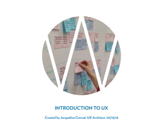 1
< TABLE OF CONTENTS
INTRODUCTION TO UX
Created by Jacqueline Conrad, UX Architect, 04/18/18
 