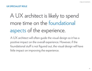 26
 TABLE OF CONTENTS
A UX architect is likely to spend
more time on the foundational
aspects of the experience.
UX SPECIA...