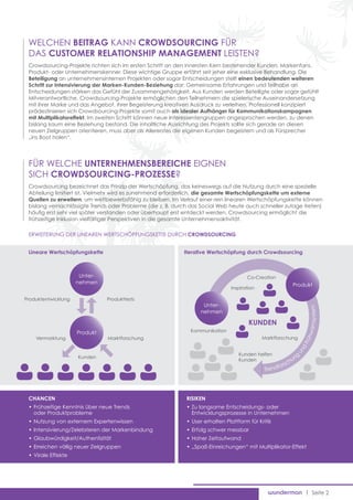 Welchen Beitrag kann Crowdsourcing für
 das Customer Relationship Management leisten?
 Crowdsourcing-Projekte richten sich im ersten Schritt an den innersten Kern bestehender Kunden, Markenfans,
 Produkt- oder Unternehmenskenner. Diese wichtige Gruppe erfährt seit jeher eine exklusive Behandlung. Die
 Beteiligung an unternehmensinternen Projekten oder sogar Entscheidungen stellt einen bedeutenden weiteren
 Schritt zur Intensivierung der Marken-Kunden-Beziehung dar: Gemeinsame Erfahrungen und Teilhabe an
 Entscheidungen stärken das Gefühl der Zusammengehörigkeit. Aus Kunden werden Beteiligte oder sogar gefühlt
 Mitverantwortliche. Crowdsourcing-Projekte ermöglichen den Teilnehmern die spielerische Auseinandersetzung
 mit ihrer Marke und das Angebot, ihrer Begeisterung kreativen Ausdruck zu verleihen. Professionell konzipiert
 prädestinieren sich Crowdsourcing-Projekte somit auch als idealer Aufhänger für Kommunikationskampagnen
 mit Multiplikatoreffekt. Im zweiten Schritt können neue Interessentengruppen angesprochen werden, zu denen
 bislang kaum eine Beziehung bestand. Die inhaltliche Ausrichtung des Projekts sollte sich gerade an diesen
 neuen Zielgruppen orientieren, muss aber als Allererstes die eigenen Kunden begeistern und als Fürsprecher
 „ins Boot holen“.




 Für welche Unternehmensbereiche eignen
 sich Crowdsourcing-Prozesse?
 Crowdsourcing bezeichnet das Prinzip der Wertschöpfung, das keineswegs auf die Nutzung durch eine spezielle
 Abteilung limitiert ist. Vielmehr wird es zunehmend erforderlich, die gesamte Wertschöpfungskette um externe
 Quellen zu erweitern, um wettbewerbsfähig zu bleiben. Im Verlauf einer rein linearen Wertschöpfungskette können
 bislang vernachlässigte Trends oder Probleme (die z. B. durch das Social Web heute auch schneller zutage treten)
 häufig erst sehr viel später verstanden oder überhaupt erst entdeckt werden. Crowdsourcing ermöglicht die
 frühzeitige Inklusion vielfältiger Perspektiven in die gesamte Unternehmensaktivität.

 Erweiterung der linearen Wertschöpfungskette durch Crowdsourcing


 Lineare Wertschöpfungskette                                Iterative Wertschöpfung durch Crowdsourcing



                      Unter-                                                          Co-Creation
                     nehmen                                                                               Produkt
                                                                               Inspiration

Produktentwicklung             Produkttests
                                                                    Unter-
                                                                   nehmen                                               rnsystem
                                                                                       Kunden
                                                                                                                    hwa



                     Produkt                                  Kommunikation
    Vermarktung                Marktforschung                                                Marktforschung
                                                                                                                   Frü
                                                                                                               d
                                                                                                           un




                                                                                   Kunden helfen               g
                     Kunden
                                                                                   Kunden                 un
                                                                                                        ch
                                                                                                   f ors
                                                                                              Trend




 Chancen                                                     Risiken
 •	Frühzeitige Kenntnis über neue Trends                     •	Zu langsame Entscheidungs- oder
 	 oder Produktprobleme                                      	Entwicklungsprozesse in Unternehmen
 •	Nutzung von externem Expertenwissen                       •	User erhalten Plattform für Kritik
 •	Intensivierung/Zelebrieren der Markenbindung              •	Erfolg schwer messbar
 •	Glaubwürdigkeit/Authentizität                             •	Hoher Zeitaufwand
 •	Erreichen völlig neuer Zielgruppen                        •	„Spaß-Einreichungen“ mit Multiplikator-Effekt
 •	Virale Effekte




                                                                                                                    | Seite 2
 