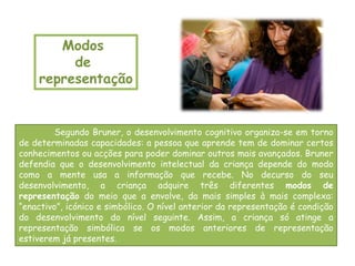 Modos
         de
    representação


         Segundo Bruner, o desenvolvimento cognitivo organiza-se em torno
de determinadas capacidades: a pessoa que aprende tem de dominar certos
conhecimentos ou acções para poder dominar outros mais avançados. Bruner
defendia que o desenvolvimento intelectual da criança depende do modo
como a mente usa a informação que recebe. No decurso do seu
desenvolvimento, a criança adquire três diferentes modos de
representação do meio que a envolve, da mais simples à mais complexa:
“enactivo”, icónico e simbólico. O nível anterior da representação é condição
do desenvolvimento do nível seguinte. Assim, a criança só atinge a
representação simbólica se os modos anteriores de representação
estiverem já presentes.
 
