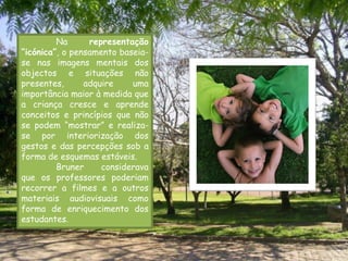 Na      representação
“icónica”, o pensamento baseia-
se nas imagens mentais dos
objectos e situações não
presentes,      adquire    uma
importância maior à medida que
a criança cresce e aprende
conceitos e princípios que não
se podem “mostrar” e realiza-
se por interiorização dos
gestos e das percepções sob a
forma de esquemas estáveis.
         Bruner     considerava
que os professores poderiam
recorrer a filmes e a outros
materiais audiovisuais como
forma de enriquecimento dos
estudantes.
 