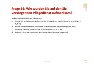 30 Personen (12 Männer, 18 Frauen) 
a)  Wurde mir im bei einem Aufenthalt im Krankenhaus empfohlen und organisiert (2 
    m, 5 w) 
b)  Wurde von meinem behandelnden Arzt (ambulant) empfohlen (10 m, 8 w) 
c)  Werbung (Zeitung, Broschüren, Branchenbuch) (0 m, 1 w) 
d)  Sons>ge (0 m, 4 w – genannt wurde vor allem Mundpropaganda) 




                                     Anita Mysor
 