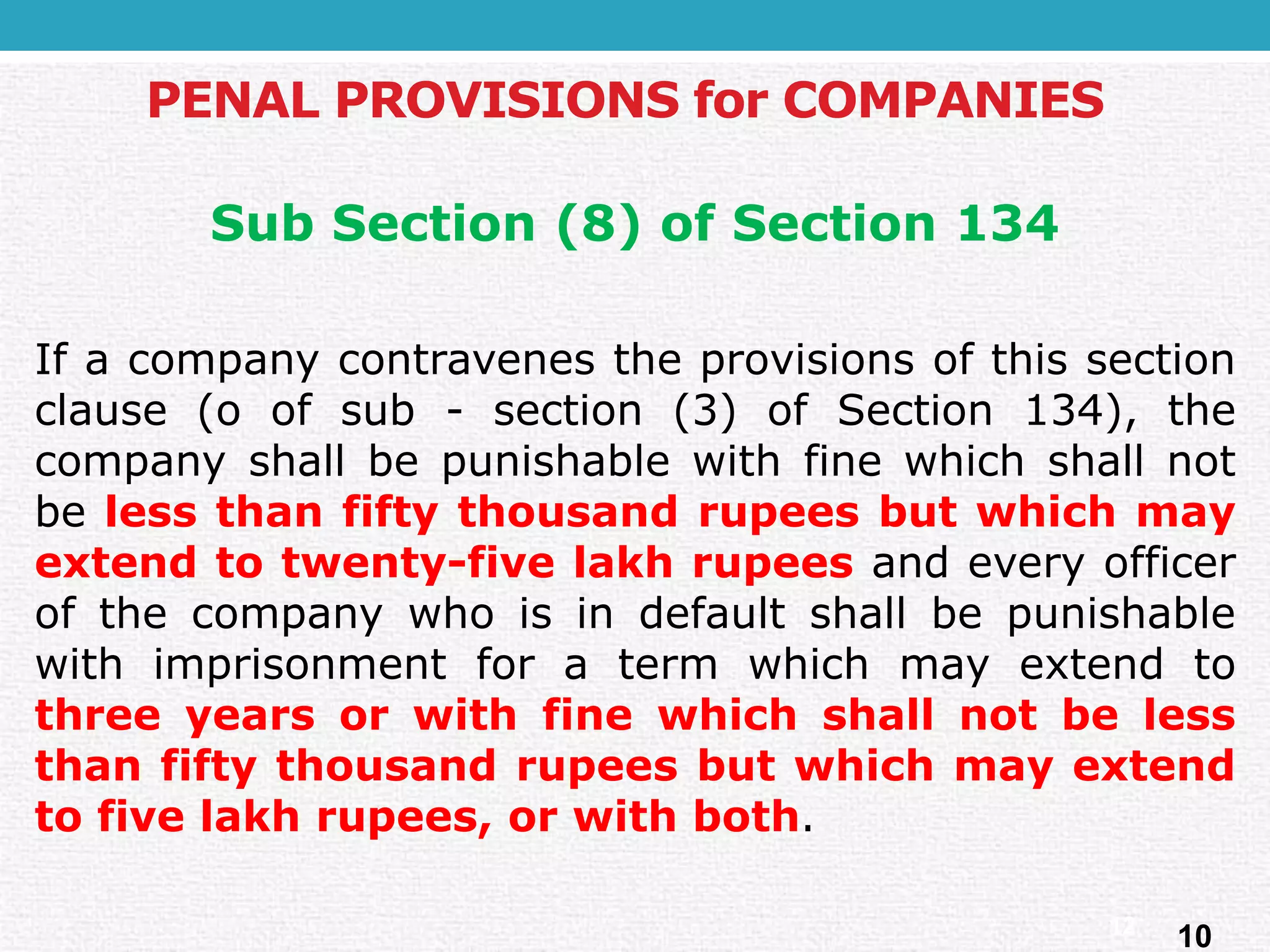 Sub Section (8) of Section 134 
Ifacompanycontravenestheprovisionsofthissectionclause(oofsub-section(3)ofSection134),thecompanyshallbepunishablewithfinewhichshallnotbelessthanfiftythousandrupeesbutwhichmayextendtotwenty-fivelakhrupeesandeveryofficerofthecompanywhoisindefaultshallbepunishablewithimprisonmentforatermwhichmayextendtothreeyearsorwithfinewhichshallnotbelessthanfiftythousandrupeesbutwhichmayextendtofivelakhrupees,orwithboth. 
PENAL PROVISIONS for COMPANIES 
10 
12  