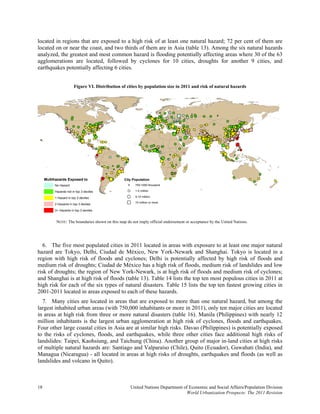 located in regions that are exposed to a high risk of at least one natural hazard; 72 per cent of them are
located on or near the coast, and two thirds of them are in Asia (table 13). Among the six natural hazards
analyzed, the greatest and most common hazard is flooding potentially affecting areas where 30 of the 63
agglomerations are located, followed by cyclones for 10 cities, droughts for another 9 cities, and
earthquakes potentially affecting 6 cities.


                       Figure VI. Distribution of cities by population size in 2011 and risk of natural hazards




     Multihazards Exposed to                     City Population
          No Hazard                                    750-1000 thousand

          Hazards not in top 3 deciles                 1-5 million

          1 Hazard in top 3 deciles                    5-10 million

                                                       10 million or more
          2 Hazards in top 3 declies

          3+ Hazards in top 3 deciles


           NOTE: The boundaries shown on this map do not imply official endorsement or acceptance by the United Nations.




   6. The five most populated cities in 2011 located in areas with exposure to at least one major natural
hazard are Tokyo, Delhi, Ciudad de México, New York-Newark and Shanghai. Tokyo is located in a
region with high risk of floods and cyclones; Delhi is potentially affected by high risk of floods and
medium risk of droughts; Ciudad de México has a high risk of floods, medium risk of landslides and low
risk of droughts; the region of New York-Newark, is at high risk of floods and medium risk of cyclones;
and Shanghai is at high risk of floods (table 13). Table 14 lists the top ten most populous cities in 2011 at
high risk for each of the six types of natural disasters. Table 15 lists the top ten fastest growing cities in
2001-2011 located in areas exposed to each of these hazards.
  7. Many cities are located in areas that are exposed to more than one natural hazard, but among the
largest inhabited urban areas (with 750,000 inhabitants or more in 2011), only ten major cities are located
in areas at high risk from three or more natural disasters (table 16). Manila (Philippines) with nearly 12
million inhabitants is the largest urban agglomeration at high risk of cyclones, floods and earthquakes.
Four other large coastal cities in Asia are at similar high risks. Davao (Philippines) is potentially exposed
to the risks of cyclones, floods, and earthquakes, while three other cities face additional high risks of
landslides: Taipei, Kaohsiung, and Taichung (China). Another group of major in-land cities at high risks
of multiple natural hazards are: Santiago and Valparaíso (Chile), Quito (Ecuador), Guwahati (India), and
Managua (Nicaragua) - all located in areas at high risks of droughts, earthquakes and floods (as well as
landslides and volcano in Quito).



18                                                   United Nations Department of Economic and Social Affairs/Population Division
                                                                                World Urbanization Prospects: The 2011 Revision
 