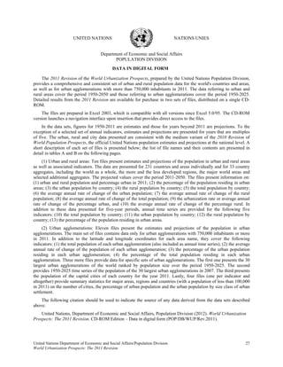 UNITED NATIONS                                           NATIONS UNIES


                                      Department of Economic and Social Affairs
                                             POPULATION DIVISION
                                            DATA IN DIGITAL FORM

     The 2011 Revision of the World Urbanization Prospects, prepared by the United Nations Population Division,
provides a comprehensive and consistent set of urban and rural population data for the world's countries and areas,
as well as for urban agglomerations with more than 750,000 inhabitants in 2011. The data referring to urban and
rural areas cover the period 1950-2050 and those referring to urban agglomerations cover the period 1950-2025.
Detailed results from the 2011 Revision are available for purchase in two sets of files, distributed on a single CD-
ROM.
    The files are prepared in Excel 2003, which is compatible with all versions since Excel 5.0/95. The CD-ROM
version launches a navigation interface upon insertion that provides direct access to the files.
     In the data sets, figures for 1950-2011 are estimates and those for years beyond 2011 are projections. To the
exception of a selected set of annual indicators, estimates and projections are presented for years that are multiples
of five. The urban, rural and city data presented are consistent with the medium variant of the 2010 Revision of
World Population Prospects, the official United Nations population estimates and projections at the national level. A
short description of each set of files is presented below; the list of file names and their contents are presented in
detail in tables A and B on the following pages.
     (1) Urban and rural areas: Ten files present estimates and projections of the population in urban and rural areas
as well as associated indicators. The data are presented for 231 countries and areas individually and for 33 country
aggregates, including the world as a whole, the more and the less developed regions, the major world areas and
selected additional aggregates. The projected values cover the period 2011-2050. The files present information on:
(1) urban and rural population and percentage urban in 2011; (2) the percentage of the population residing in urban
areas; (3) the urban population by country; (4) the rural population by country; (5) the total population by country;
(6) the average annual rate of change of the urban population; (7) the average annual rate of change of the rural
population; (8) the average annual rate of change of the total population; (9) the urbanization rate or average annual
rate of change of the percentage urban, and (10) the average annual rate of change of the percentage rural. In
addition to these data presented for five-year periods, annual time series are provided for the following five
indicators: (10) the total population by country; (11) the urban population by country; (12) the rural population by
country; (13) the percentage of the population residing in urban areas.
     (2) Urban agglomerations: Eleven files present the estimates and projections of the population in urban
agglomerations. The main set of files contains data only for urban agglomerations with 750,000 inhabitants or more
in 2011. In addition to the latitude and longitude coordinates for each area name, they cover the following
indicators: (1) the total population of each urban agglomeration (also included as annual time series); (2) the average
annual rate of change of the population of each urban agglomeration; (3) the percentage of the urban population
residing in each urban agglomeration; (4) the percentage of the total population residing in each urban
agglomeration. Three more files provide data for specific sets of urban agglomerations. The first one presents the 30
largest urban agglomerations of the world ranked by population size over the period 1950-2025. The second
provides 1950-2025 time series of the population of the 30 largest urban agglomerations in 2007. The third presents
the population of the capital cities of each country for the year 2011. Lastly, four files (one per indicator and
altogether) provide summary statistics for major areas, regions and countries (with a population of less than 100,000
in 2011) on the number of cities, the percentage of urban population and the urban population by size class of urban
settlement.
    The following citation should be used to indicate the source of any data derived from the data sets described
above:
    United Nations, Department of Economic and Social Affairs, Population Division (2012). World Urbanization
Prospects: The 2011 Revision. CD-ROM Edition – Data in digital form (POP/DB/WUP/Rev.2011).




United Nations Department of Economic and Social Affairs/Population Division                                        27
World Urbanization Prospects: The 2011 Revision
 