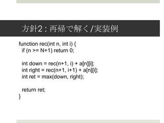 ⽅方針2 : 再帰で解く/実装例例
function rec(int n, int i) {
  if (n >= N+1) return 0;

    int down = rec(n+1, i) + a[n][i];
    int right = rec(n+1, i+1) + a[n][i];
    int ret = max(down, right);

    return ret;
}
 