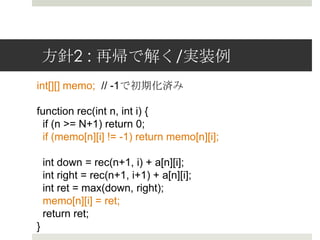 ⽅方針2 : 再帰で解く/実装例例
int[][] memo;   // -1で初期化済み

function rec(int n, int i) {
  if (n >= N+1) return 0;
  if (memo[n][i] != -1) return memo[n][i];

    int down = rec(n+1, i) + a[n][i];
    int right = rec(n+1, i+1) + a[n][i];
    int ret = max(down, right);
    memo[n][i] = ret;
    return ret;
}
 