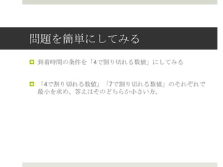 問題を簡単にしてみる
¤  到着時間の条件を「4で割り切切れる数値」にしてみる


¤  「4で割り切切れる数値」「7で割り切切れる数値」のそれぞれで
    最⼩小を求め、答えはそのどちらか⼩小さい⽅方。
 