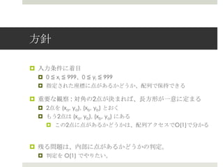 ⽅方針

¤  ⼊入⼒力力条件に着⽬目
  ¤  0 ≦ xi ≦ 999、0 ≦ yi ≦ 999
  ¤  指定された座標に点があるかどうか、配列列で保持できる

¤  重要な観察 : 対⾓角の2点が決まれば、⻑⾧長⽅方形が⼀一意に定まる
  ¤  2点を (xa, ya), (xb, yb) とおく
  ¤  もう2点は (xa, yb), (xb, ya) にある
    ¤  この2点に点があるかどうかは、配列列アクセスでO(1)で分かる


¤  残る問題は、内部に点があるかどうかの判定。
  ¤  判定を O(1) でやりたい。
 