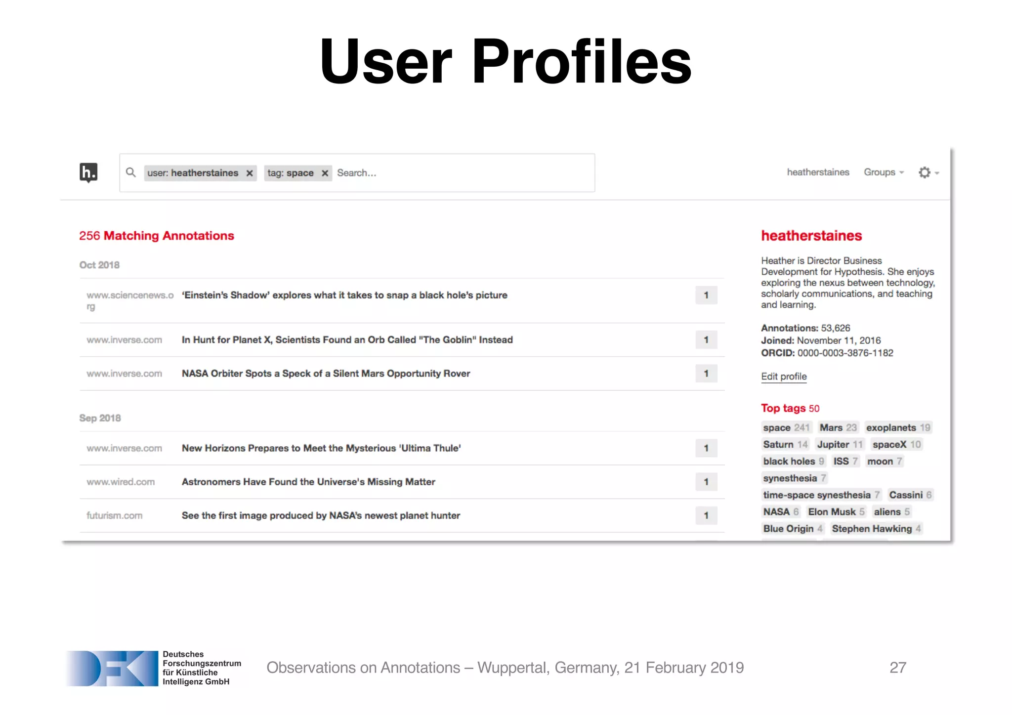 User Profiles
Observations on Annotations – Wuppertal, Germany, 21 February 2019 27
 
