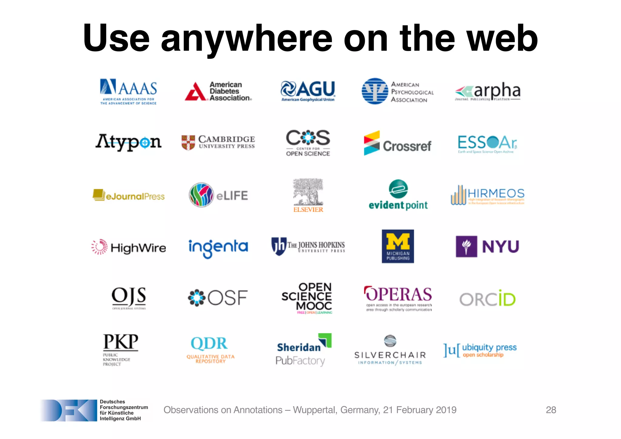Use anywhere on the web
Observations on Annotations – Wuppertal, Germany, 21 February 2019 28
 