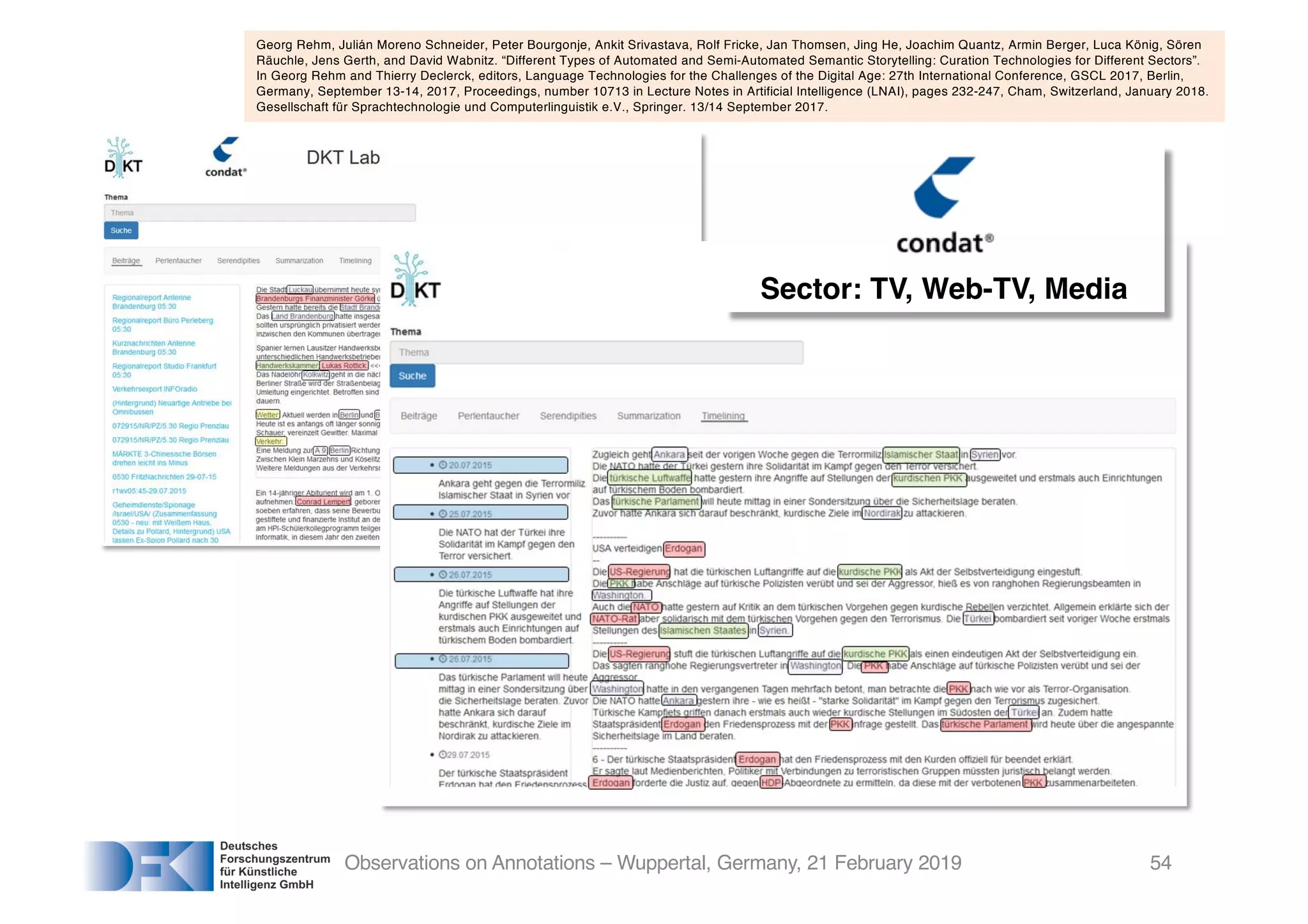 Observations on Annotations – Wuppertal, Germany, 21 February 2019
Sector: TV, Web-TV, Media
54
Georg Rehm, Julián Moreno Schneider, Peter Bourgonje, Ankit Srivastava, Rolf Fricke, Jan Thomsen, Jing He, Joachim Quantz, Armin Berger, Luca König, Sören
Räuchle, Jens Gerth, and David Wabnitz. “Different Types of Automated and Semi-Automated Semantic Storytelling: Curation Technologies for Different Sectors”.
In Georg Rehm and Thierry Declerck, editors, Language Technologies for the Challenges of the Digital Age: 27th International Conference, GSCL 2017, Berlin,
Germany, September 13-14, 2017, Proceedings, number 10713 in Lecture Notes in Artificial Intelligence (LNAI), pages 232-247, Cham, Switzerland, January 2018.
Gesellschaft für Sprachtechnologie und Computerlinguistik e.V., Springer. 13/14 September 2017.
 