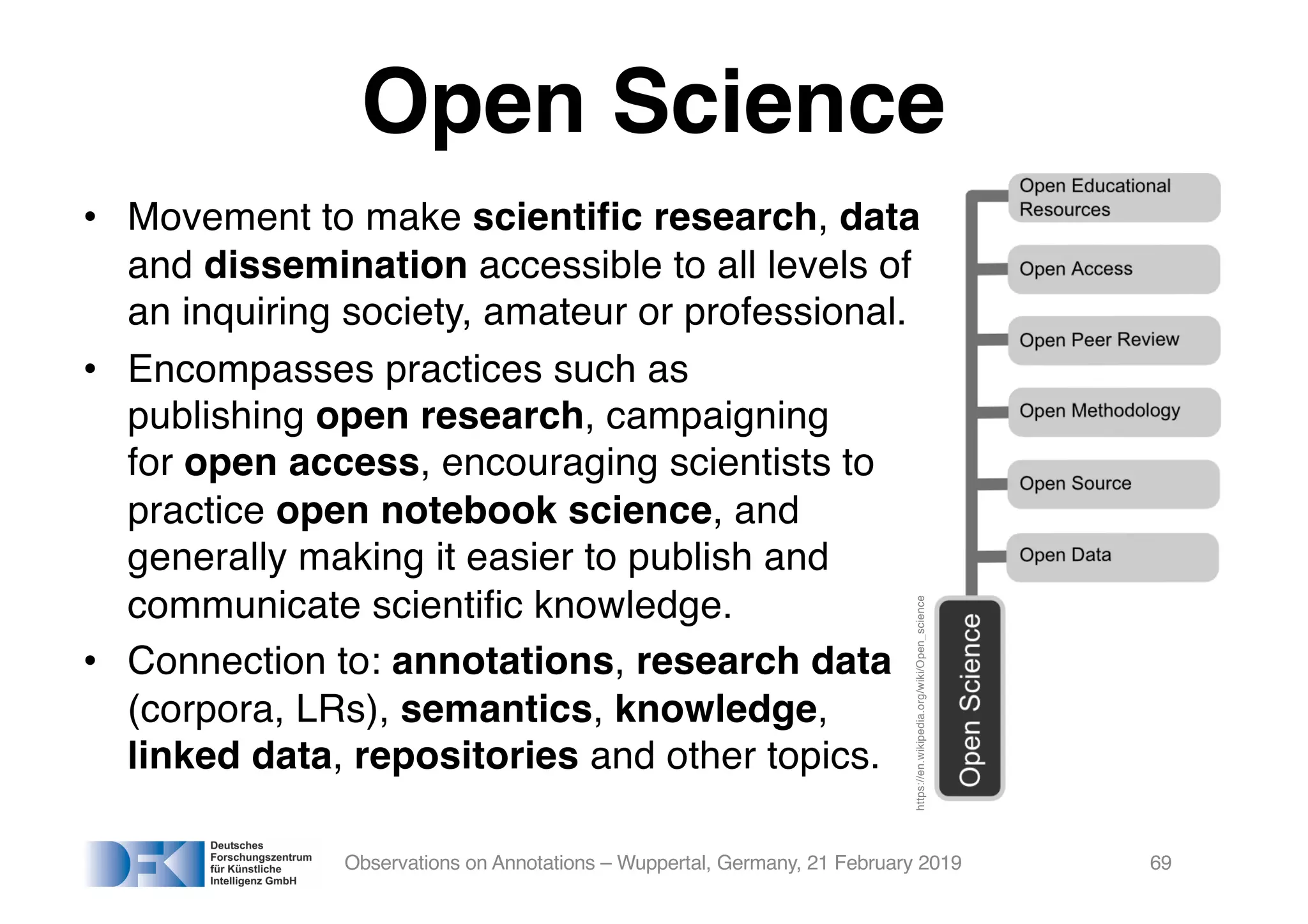 Open Science
• Movement to make scientific research, data
and dissemination accessible to all levels of
an inquiring society, amateur or professional.
• Encompasses practices such as
publishing open research, campaigning
for open access, encouraging scientists to
practice open notebook science, and
generally making it easier to publish and
communicate scientific knowledge.
• Connection to: annotations, research data
(corpora, LRs), semantics, knowledge,
linked data, repositories and other topics.
Observations on Annotations – Wuppertal, Germany, 21 February 2019 69
https://en.wikipedia.org/wiki/Open_science
 