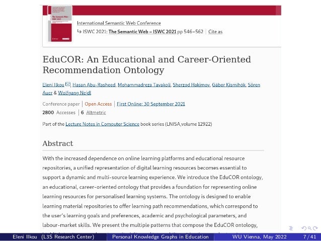 Eleni Ilkou (L3S Research Center) Personal Knowledge Graphs in Education WU Vienna, May 2022 7 / 41
 