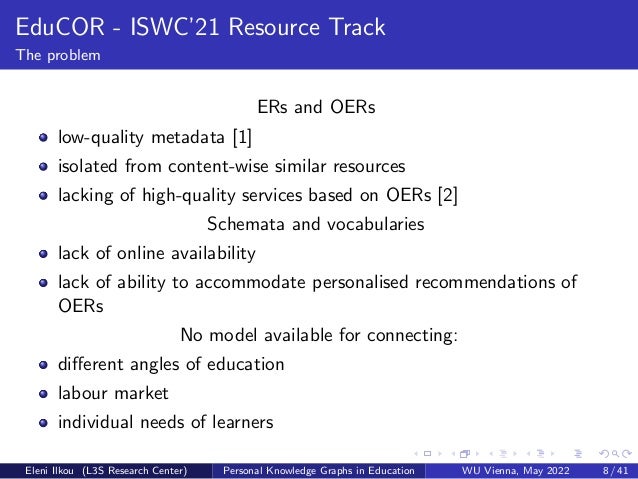 EduCOR - ISWC’21 Resource Track
The problem
ERs and OERs
low-quality metadata [1]
isolated from content-wise similar resources
lacking of high-quality services based on OERs [2]
Schemata and vocabularies
lack of online availability
lack of ability to accommodate personalised recommendations of
OERs
No model available for connecting:
different angles of education
labour market
individual needs of learners
Eleni Ilkou (L3S Research Center) Personal Knowledge Graphs in Education WU Vienna, May 2022 8 / 41
 