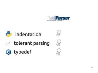 53 
indentation 
tolerant parsing 
typedef 
 