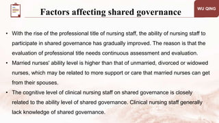 • With the rise of the professional title of nursing staff, the ability of nursing staff to
participate in shared governance has gradually improved. The reason is that the
evaluation of professional title needs continuous assessment and evaluation.
• Married nurses' ability level is higher than that of unmarried, divorced or widowed
nurses, which may be related to more support or care that married nurses can get
from their spouses.
• The cognitive level of clinical nursing staff on shared governance is closely
related to the ability level of shared governance. Clinical nursing staff generally
lack knowledge of shared governance.
WU QING
Factors affecting shared governance
 