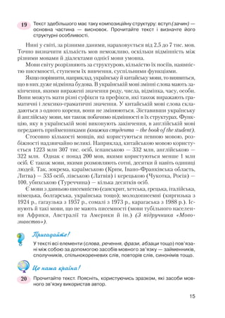 Текст здебільшого має таку композиційну структуру: вступ (зачин) —
основна частина — висновок. Прочитайте текст і визначте його
структурні особливості.
Нині у світі, за різними даними, нараховується від 2,5 до 7 тис. мов.
Точно визначити кількість мов неможливо, оскільки відмінність між
різними мовами й діалектами однієї мови умовна.
Мови світу розрізняють за структурою, кількістю їх носіїв, наявніс
тю писемності, ступенем їх вивчення, суспільними функціями.
Якщопорівняти,наприклад,українськуйкитайськумови,товиявиться,
що в них дуже відмінна будова. В українській мові змінні слова мають за
кінчення, якими виражені значення роду, числа, відмінка, часу, особи.
Вони можуть мати різні суфікси та префікси, які також виражають гра
матичні і лексико граматичні значення. У китайській мові слова скла
даються з одного кореня, вони не змінюються. Зіставивши українську
й англійську мови, ми також побачимо відмінності в їх структурах. Функ
цію, яку в українській мові виконують закінчення, в англійській мові
передають прийменниками (книжка студента – the book of the student).
Стосовно кількості мовців, які користуються певною мовою, роз
біжності надзвичайно великі. Наприклад, китайською мовою користу
ється 1223 млн 307 тис. осіб, іспанською — 332 млн, англійською —
322 млн. Однак є понад 200 мов, якими користуються менше 1 млн
осіб. Є також мови, якими розмовляють сотні, десятки й навіть одиниці
людей. Так, зокрема, караїмською (Крим, Івано Франківська область,
Литва) — 535 осіб, лівською (Латвія) і керецькою (Чукотка, Росія) —
100, убихською (Туреччина) — кілька десятків осіб.
Є мови з давньою писемністю (санскрит, хетська, грецька, італійська,
німецька, болгарська, українська тощо); молодописемні (киргизька з
1924 р., гагаузька з 1957 р., сомалі з 1973 р., карагаська з 1988 р.). Іс
нують й такі мови, що не мають писемності (мови тубільного населен
ня Африки, Австралії та Америки й ін.) (З підручника «Мово
знавство»).
Пригадайте!
У тексті всі елементи (слова, речення, фрази, абзаци тощо) пов’яза
ні між собою за допомогою засобів мовного зв’язку — займенників,
сполучників, спільнокореневих слів, повторів слів, синонімів тощо.
Це наша країна!
Прочитайте текст. Поясніть, користуючись зразком, які засоби мов
ного зв’язку використав автор.
15
19
20
 