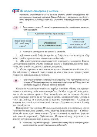 Не бійтесь заглядати у словник...
Напишіть словникову статтю до слів сюжет, сюжет оповідання, ко
ристуючись поданим зразком. За необхідності зверніться до підруч
ника з української літератури або словника літературознавчих термі
нів.
1. Розгляньте схему. Розкажіть про композицію оповідання за пода
ним сюжетом.
2. Напишіть оповідання за одним із сюжетів.
1. «Допомога моїй бабусі»: приїзд до бабусі на літні канікули, збір
ягід і грибів, пригощання смаколиками батьків.
2. «Як ми перемогли в математичній вікторині»: відкриття Тижня
математики в школі, участь команди класу у вікторині, конкурс капі
танів, п’яте найскладніше завдання, перемога.
3. «Моя перемога в змаганнях з карате»: відповідальний день, від
бір найкращих у віковій групі, змагання між командами, індивідуальні
спаринги, така важлива перемога.
1. Прочитайте уривок із твору семикласниці. Яка проблема в ньому
розкрита? Чи погоджуєтеся ви з висловленою думкою? Чому авторка
написала виділені слова з великої букви?
Останнім часом мене серйозно турбує питання «Чому ми припус
каємося помилок у своїх письмових роботах?» Моя подруга Олена думає,
що це від незнання правил. Так часто буває, але не завжди. Людина
може правила і знати, їх не так уже й багато, можна вивчити. Справа в
тому, що ми іноді не знаємо, куди ці правила «прикріпити». А для цього
існують так звані «розпізнавальні ознаки». З деякими з них я й хочу
вас ознайомити.
Найчастіше трапляється Ненаголошеність, коли ми слабенько чуємо
голосні без наголосу (земля, село, втекти). Інша ознака це — Спроще
ність, бо наша рідна мова повинна бути красивою і мелодійною (щасли
вий, чесний, корисний). Подвоєність і Подовженість утворюють один
довгий звук (письменник, знання, ніччю).
2. Напишіть твір мініатюру (5–7 речень) на тему «Чому ми припускає
мося помилок у своїх письмових роботах?»
18
22
23
Завершення
(розв’язка)
чого навчилися?
чому запам’яталося?
Вступ (зав’язка)
де? коли? чому?
з ким?
Основна частина кульмінація
Оповідання
за поданим сюжетом
 
