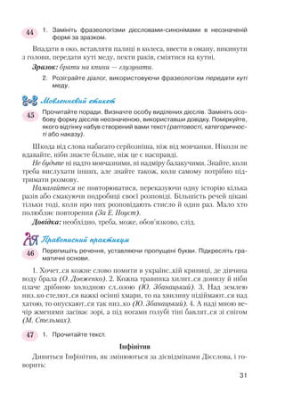 1. Замініть фразеологізми дієсловами синонімами в неозначеній
формі за зразком.
Впадати в око, вставляти палиці в колеса, ввести в оману, викинути
з голови, передати куті меду, пекти раків, сміятися на кутні.
Зразок: брати на кпини — глузувати.
2. Розіграйте діалог, використовуючи фразеологізм передати куті
меду.
Мовленнєвий етикет
Прочитайте поради. Визначте особу виділених дієслів. Замініть осо
бову форму дієслів неозначеною, використавши довідку. Поміркуйте,
якого відтінку набув створений вами текст (раптовості, категоричнос
ті або наказу).
Шкода від слова набагато серйозніша, ніж від мовчанки. Ніколи не
вдавайте, ніби знаєте більше, ніж це є насправді.
Не будьте ні надто мовчазними, ні надміру балакучими. Знайте, коли
треба вислухати інших, але знайте також, коли самому потрібно під
тримати розмову.
Намагайтеся не повторюватися, переказуючи одну історію кілька
разів або смакуючи подробиці своєї розповіді. Більшість речей цікаві
тільки тоді, коли про них розповідають стисло й один раз. Мало хто
полюбляє повторення (За Е. Поуст).
Довідка: необхідно, треба, може, обов’язково, слід.
Правописний практикум
Перепишіть речення, уставляючи пропущені букви. Підкресліть гра
матичні основи.
1. Хочет..ся кожне слово помити в українс..кій криниці, де дівчина
воду брала (О. Довженко). 2. Кожна травинка хилит..ся донизу й ніби
плаче дрібною холодною сл..озою (Ю. Збанацький). 3. Над землею
низ..ко стелют..ся важкі осінні хмари, то на хвилину підіймают..ся над
хатою, то опускают..ся так низ..ко (Ю. Збанацький). 4. А наді мною ве
чір жменями засіває зорі, а під ногами голубі тіні бавлят..ся зі снігом
(М. Стельмах).
1. Прочитайте текст.
Інфінітив
Дивиться Інфінітив, як змінюються за дієвідмінами Дієслова, і го
ворить:
31
44
45
46
47
 