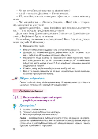 — Чи так потрібно змінюватися за дієвідмінами?
— А як? — питають Дієслова. — Ти сам покажи.
— Я б, звичайно, показав, — говорить Інфінітив, — тільки в мене часу
немає.
— Час ми знайдемо, — обіцяють Дієслова. — Який тобі — теперіш
ній, майбутній чи минулий?
— Давайте майбутній, — каже Інфінітив, щоб хоч якось відтягнути
час. — Та не забудьте про Допоміжне дієслово.
Дали вони йому Допоміжне дієслово. Змінюється Допоміжне діє
слово, а Інфінітив і букву не змінить.
Навіщо йому змінюватися за дієвідмінами? Він — Інфінітив, у нього
немає часу (За Ф. Кривіним).
2. Проаналізуйте текст.
 Визначте можливого адресата та мету висловлювання.
 Доведіть, що письменник удало дібрав імена своїм головним геро
ям — Інфінітив, Допоміжне дієслово, Дієслова.
 Поміркуйте, якщо б автор не називав імені свого головного героя,
ви б здогадалися, хто це. Які ознаки на це вказують? На які ознаки
інфінітива автор указує в тексті? А які морфологічні ознаки дієслова
згадуються в тексті?
 Скажіть, чому інфінітив обирає саме майбутній час.
 Визначте основні граматичні ознаки, нехарактерні для інфінітива,
на основі прослуханого тексту.
Творча лабораторія
Складіть лінгвістичну мініатюру на тему «Чому ніколи не зустрінуться
минулий, теперішній і майбутній час дієслова?»
Розвиток мовлення
§ 9 Письмовий портретний нарис
у публіцистичному стилі
Пригадайте!
1. Назвіть стилі мовлення.
2. Розкажіть про публіцистичний стиль.
3. Які жанри публіцистики ви знаєте?
Нарис — прозовий жанр публіцистичного стилю, оснований на спосте
реженнях і враженнях автора. Містить елементи опису (пейзаж, портрет
героя, опис інтер’єру) і розповідь про дії героя (героїв) нарису. Нариси
бувають проблемні й портретні.
32
 