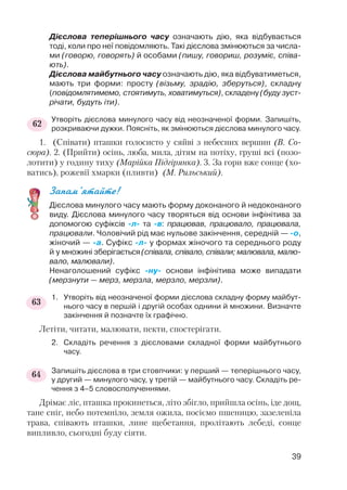 Дієслова теперішнього часу означають дію, яка відбувається
тоді, коли про неї повідомляють. Такі дієслова змінюються за числа
ми (говорю, говорять) й особами (пишу, говориш, розуміє, співа
ють).
Дієслова майбутнього часу означають дію, яка відбуватиметься,
мають три форми: просту (візьму, зрадію, зберуться), складну
(повідомлятимемо, стоятимуть, ховатимуться), складену (буду зуст
річати, будуть іти).
Утворіть дієслова минулого часу від неозначеної форми. Запишіть,
розкриваючи дужки. Поясніть, як змінюються дієслова минулого часу.
1. (Співати) пташки голосисто у сяйві з небесних вершин (В. Со
сюра). 2. (Прийти) осінь, люба, мила, дітям на потіху, груші всі (позо
лотити) у годину тиху (Марійка Підгірянка). 3. За гори вже сонце (хо
ватись), рожевії хмарки (пливти) (М. Рильський).
Запам’ятайте!
Дієслова минулого часу мають форму доконаного й недоконаного
виду. Дієслова минулого часу творяться від основи інфінітива за
допомогою суфіксів л та в: працював, працювало, працювала,
працювали. Чоловічий рід має нульове закінчення, середній — о,
жіночий — а. Суфікс л у формах жіночого та середнього роду
й у множині зберігається (співала, співало, співали; малювала, малю
вало, малювали).
Ненаголошений суфікс ну основи інфінітива може випадати
(мерзнути — мерз, мерзла, мерзло, мерзли).
1. Утворіть від неозначеної форми дієслова складну форму майбут
нього часу в першій і другій особах однини й множини. Визначте
закінчення й позначте їх графічно.
Летіти, читати, малювати, пекти, спостерігати.
2. Складіть речення з дієсловами складної форми майбутнього
часу.
Запишіть дієслова в три стовпчики: у перший — теперішнього часу,
у другий — минулого часу, у третій — майбутнього часу. Складіть ре
чення з 4–5 словосполученнями.
Дрімає ліс, пташка прокинеться, літо збігло, прийшла осінь, іде дощ,
тане сніг, небо потемніло, земля ожила, посіємо пшеницю, зазеленіла
трава, співають пташки, лине щебетання, пролітають лебеді, сонце
випливло, сьогодні буду сіяти.
39
63
64
62
 
