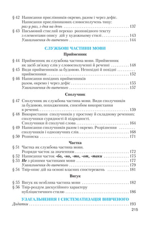 215
§ 42 Написання прислівників окремо, разом і через дефіс.
Написання прислівникових словосполучень типу:
раз у раз, з дня на день . . . . . . . . . . . . . . . . . . . . . . . . . . . . . . . . . . . . 137
§ 43 Письмовий стислий переказ розповідного тексту
з елементами опису дій у художньому стилі . . . . . . . . . . . . . . . 143
Узагальнення до вивченого . . . . . . . . . . . . . . . . . . . . . . . . . . . . . . . . . 144
СЛУЖБОВІ ЧАСТИНИ МОВИ
Прийменник
§ 44 Прийменник як службова частина мови. Прийменник
як засіб зв’язку слів у словосполученні й реченні . . . . . . . . . . 148
§ 45 Види прийменників за будовою. Непохідні й похідні . . . . . . . . . .
прийменники . . . . . . . . . . . . . . . . . . . . . . . . . . . . . . . . . . . . . . . . . . . . . 152
§ 46 Написання похідних прийменників
разом, окремо і через дефіс . . . . . . . . . . . . . . . . . . . . . . . . . . . . . . . . 155
Узагальнення до вивченого . . . . . . . . . . . . . . . . . . . . . . . . . . . . . . . . . 157
Сполучник
§ 47 Сполучник як службова частина мови. Види сполучників
за будовою, походженням, способом використання
в реченні. . . . . . . . . . . . . . . . . . . . . . . . . . . . . . . . . . . . . . . . . . . . . . . . . . 159
§ 48 Використання сполучників у простому й складному реченнях:
сполучники сурядності й підрядності.
Сполучники й сполучні слова . . . . . . . . . . . . . . . . . . . . . . . . . . . . . 164
§ 49 Написання сполучників разом і окремо. Розрізнення . . . . . . . . .
сполучників і однозвучних слів. . . . . . . . . . . . . . . . . . . . . . . . . . . . 168
§ 50 Розписка . . . . . . . . . . . . . . . . . . . . . . . . . . . . . . . . . . . . . . . . . . . . . . . . . 171
Частка
§ 51 Частка як службова частина мови.
Розряди часток за значенням . . . . . . . . . . . . . . . . . . . . . . . . . . . . . . 172
§ 52 Написання часток бо, но, то, от, таки . . . . . . . . . . . . . . 175
§ 53 Не з різними частинами мови . . . . . . . . . . . . . . . . . . . . . . . . . . . . . 177
Узагальнення до вивченого . . . . . . . . . . . . . . . . . . . . . . . . . . . . . . . . . 179
§ 54 Твір опис дій на основі власних спостережень . . . . . . . . . . . . 181
Вигук
§ 55 Вигук як особлива частина мови . . . . . . . . . . . . . . . . . . . . . . . . . . 182
§ 56 Твір роздум дискусійного характеру
публіцистичного стилю . . . . . . . . . . . . . . . . . . . . . . . . . . . . . . . . . . . 186
УЗАГАЛЬНЕННЯ І СИСТЕМАТИЗАЦІЯ ВИВЧЕНОГО
Додатки . . . . . . . . . . . . . . . . . . . . . . . . . . . . . . . . . . . . . . . . . . . . . . . . . . . . . . . 193
 
