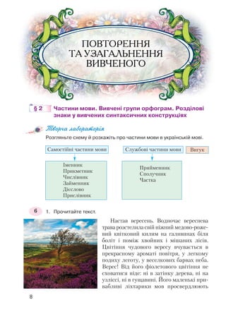 8
§ 2 Частини мови. Вивчені групи орфограм. Розділові
знаки у вивчених синтаксичних конструкціях
Творча лабораторія
Розгляньте схему й розкажіть про частини мови в українській мові.
1. Прочитайте текст.
Настав вересень. Водночас вереснева
трава розстелила свій ніжний медово роже
вий квітковий килим на галявинах біля
боліт і поміж хвойних і мішаних лісів.
Цвітіння чудового вересу вчувається в
прекрасному ароматі повітря, у легкому
подиху леготу, у веселкових барвах неба.
Верес! Від його фіолетового цвітіння не
сховатися ніде: ні в затінку дерева, ні на
узліссі, ні в гущавині. Його маленькі при
вабливі ліхтарики мов просвердлюють
Самостійні частини мови Службові частини мови Вигук
Іменник
Прикметник
Числівник
Займенник
Дієслово
Прислівник
Прийменник
Сполучник
Частка
6
 