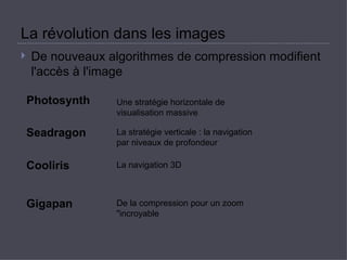 La révolution dans les images  De nouveaux algorithmes de compression modifient l'accès à l'image  Photosynth Seadragon Une stratégie horizontale de visualisation massive La stratégie verticale : la navigation par niveaux de profondeur Cooliris La navigation 3D  Gigapan De la compression pour un zoom &quot;incroyable  
