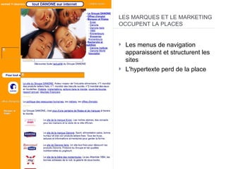 LES MARQUES ET LE MARKETING OCCUPENT LA PLACES  Les menus de navigation apparaissent et structurent les sites  L'hypertexte perd de la place  
