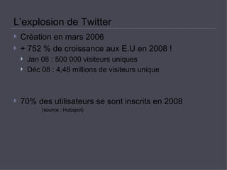L’explosion de Twitter Création en mars 2006  + 752 % de croissance aux E.U en 2008 ! Jan 08 : 500 000 visiteurs uniques  Déc 08 : 4,48 millions de visiteurs unique 70% des utilisateurs se sont inscrits en 2008  (source : Hubspot) 