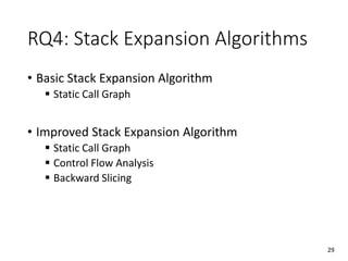 RQ4: Stack Expansion Algorithms
• Basic Stack Expansion Algorithm
 Static Call Graph
• Improved Stack Expansion Algorithm
 Static Call Graph
 Control Flow Analysis
 Backward Slicing
29
 