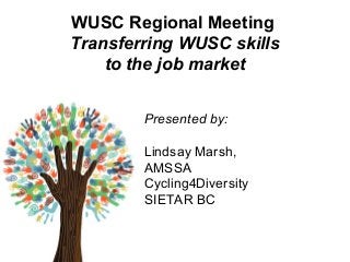 WUSC Regional Meeting
Transferring WUSC skills
to the job market
Presented by:
Lindsay Marsh,
AMSSA
Cycling4Diversity
SIETAR BC

 