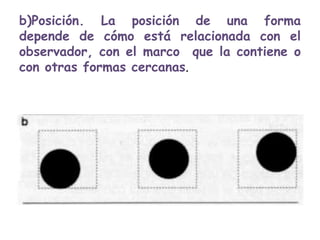 b)Posición. La posición de una forma
depende de cómo está relacionada con el
observador, con el marco que la contiene o
con otras formas cercanas.
 