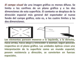 El campo visual de una imagen gráfica es menos difuso. Se
limita a los confines de un plano gráfico y a las dos
dimensiones de esta superficie. El contexto se desplaza de la
dirección espacial más general del espectador al nuevo
fondo del campo gráfico, esto es, a los cuatro límites y las
dos dimensiones.




Los elementos parecen moverse a la izquierda, a la derecha,
hacia arriba, hacia abajo y retroceder o avanzar, según posición
respectiva en el plano gráfico. Las unidades ópticas crean una
interpretación de la superficie como un mundo espacial;
poseen resistencia y dirección, se convierten en fuerzas
espaciales.
 