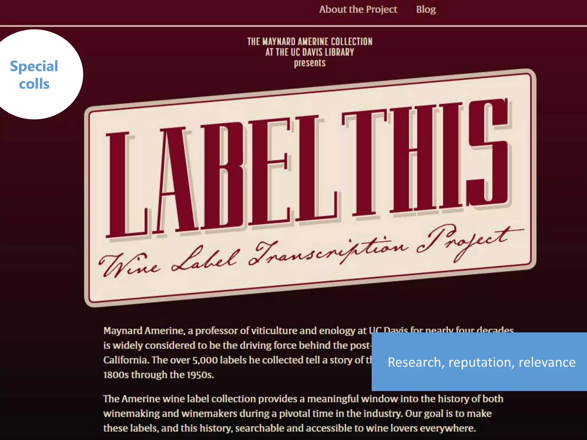 Research, reputation, relevance
Special
colls
 