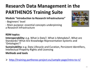 Research	Data	Management	in	the	
PARTHENOS	Training	Suite	
Module	“Introduction	to	Research	Infrastructures”		
-	Beginners’	level	
-	Main	purpose:	essential	concepts	underpinning		
a	Research	Infrastructure	
RDM	topics:		
Interoperability:	e.g.	What	is	Data?,	What	is	Metadata?,	What	are	
Standards?	What	Are	Knowledge	Representation	Systems	and	
'Ontologies'?	
Sustainability:	e.g.	Data	Lifecycle	and	Curation,	Persistent	Identifiers,	
Intellectual	Property	Rights	and	Licensing	
Methods	and	tools		
	
Ø  http://training.parthenos-project.eu/sample-page/intro-to-ri/		
	
19	
 