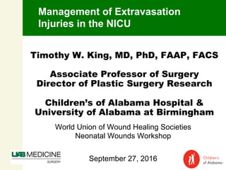 Timothy W. King, MD, PhD, FAAP, FACS
Associate Professor of Surgery
Director of Plastic Surgery Research
Children’s of Alabama Hospital &
University of Alabama at Birmingham
World Union of Wound Healing Societies
Neonatal Wounds Workshop
September 27, 2016
Management of Extravasation
Injuries in the NICU
 