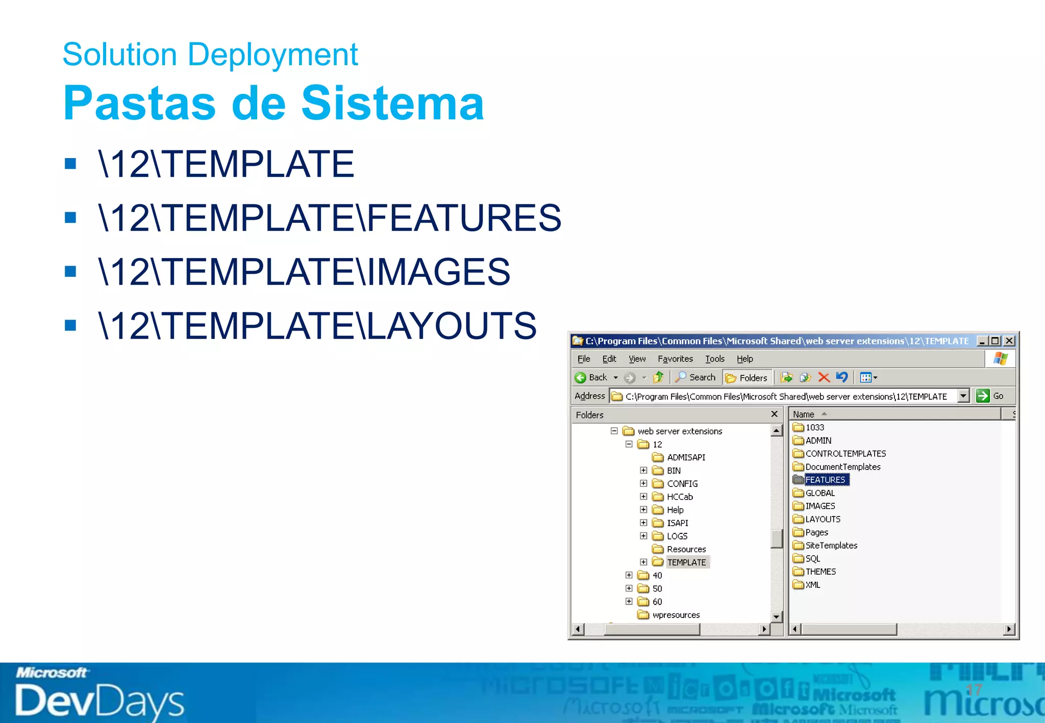 Solution Deployment
Pastas de Sistema
 12TEMPLATE
 12TEMPLATEFEATURES
 12TEMPLATEIMAGES
 12TEMPLATELAYOUTS
17
 