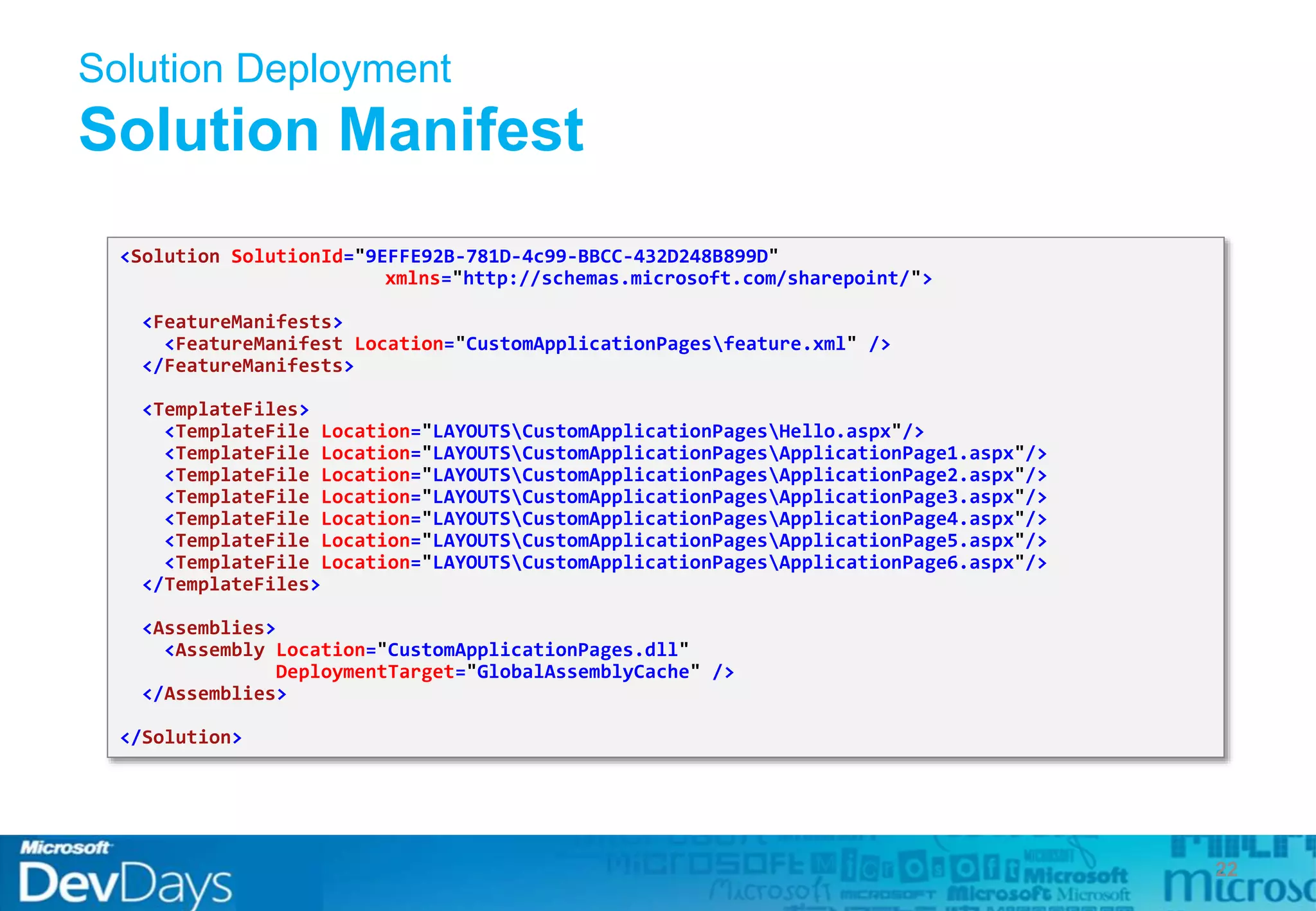 Solution Deployment
Solution Manifest
<Solution SolutionId="9EFFE92B-781D-4c99-BBCC-432D248B899D"
xmlns="http://schemas.microsoft.com/sharepoint/">
<FeatureManifests>
<FeatureManifest Location="CustomApplicationPagesfeature.xml" />
</FeatureManifests>
<TemplateFiles>
<TemplateFile Location="LAYOUTSCustomApplicationPagesHello.aspx"/>
<TemplateFile Location="LAYOUTSCustomApplicationPagesApplicationPage1.aspx"/>
<TemplateFile Location="LAYOUTSCustomApplicationPagesApplicationPage2.aspx"/>
<TemplateFile Location="LAYOUTSCustomApplicationPagesApplicationPage3.aspx"/>
<TemplateFile Location="LAYOUTSCustomApplicationPagesApplicationPage4.aspx"/>
<TemplateFile Location="LAYOUTSCustomApplicationPagesApplicationPage5.aspx"/>
<TemplateFile Location="LAYOUTSCustomApplicationPagesApplicationPage6.aspx"/>
</TemplateFiles>
<Assemblies>
<Assembly Location="CustomApplicationPages.dll"
DeploymentTarget="GlobalAssemblyCache" />
</Assemblies>
</Solution>
22
 