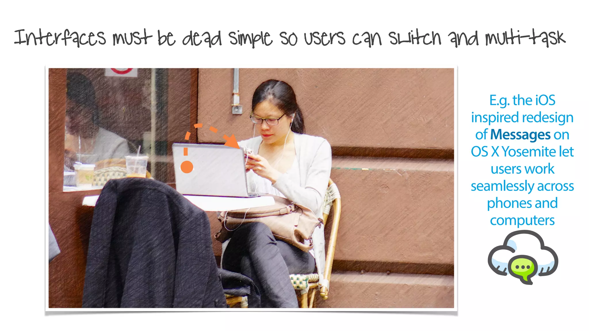 Interfaces must be dead simple so users can switch and multi-task
E.g. the iOS
inspired redesign
of Messages on
OS XYosemite let
users work
seamlessly across
phones and
computers
 