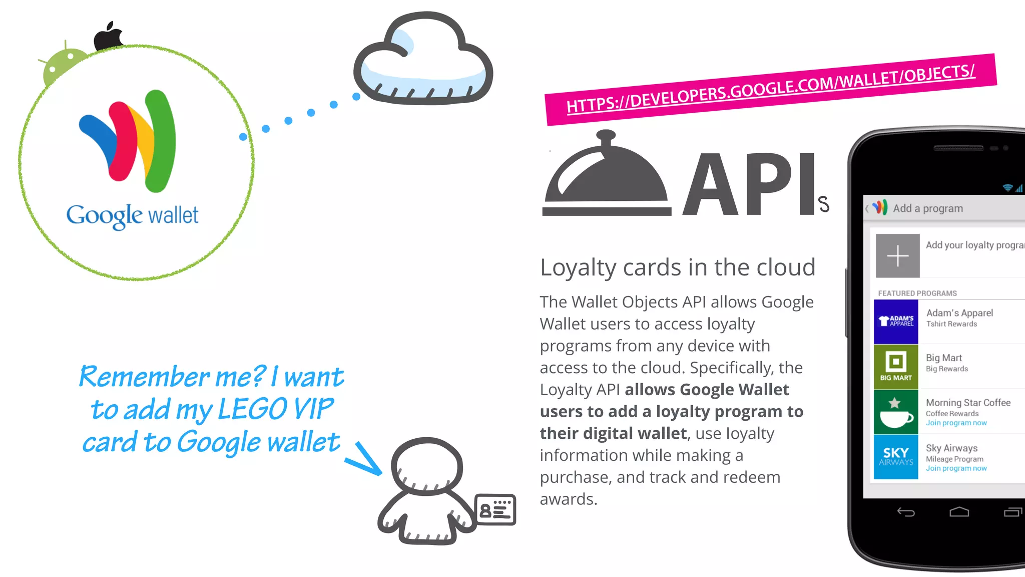 API is an abbreviation of
application program interface. It
defines a set of functionalities in
a very modular and reusable way.
Each block of code performs one
and only one function (such as
register a new Loyalty program or
delete an existing program)
APIs
Loyalty cards in the cloud
The Wallet Objects API allows Google
Wallet users to access loyalty
programs from any device with
access to the cloud. Speciﬁcally, the
Loyalty API allows Google Wallet
users to add a loyalty program to
their digital wallet, use Ioyalty
information while making a
purchase, and track and redeem
awards.
HTTPS://DEVELOPERS.GOOGLE.COM/WALLET/OBJECTS/
Remember me? I want
to add my LEGO VIP
card to Google wallet
 