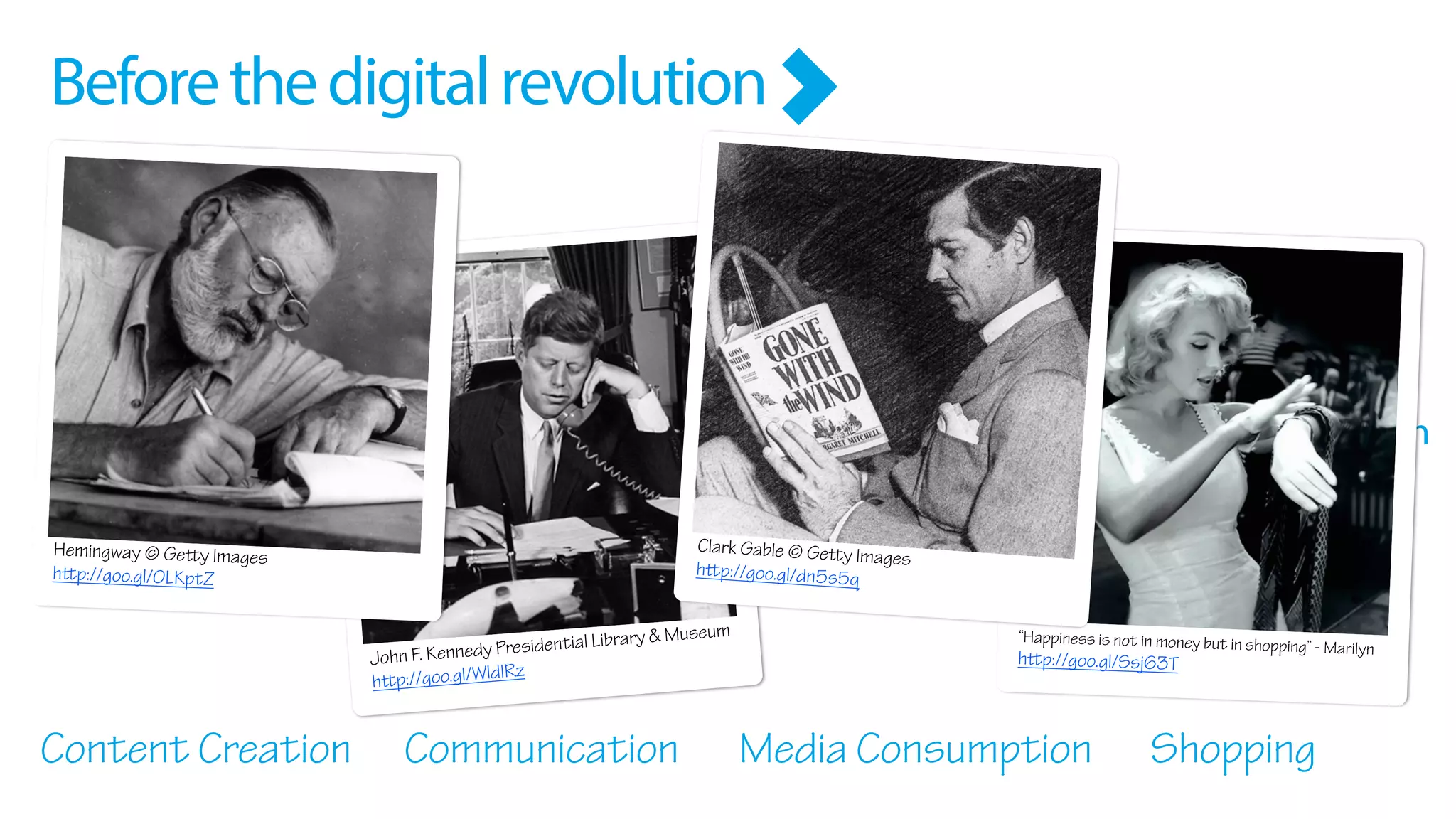 We could tell what people were doing by simple observation
John F. Kennedy Presidential Library & Museum
http://goo.gl/WldIRz
Communication
“Happiness is not in money but in shopping” - Marilyn
http://goo.gl/Ssj63T
Shopping
Beforethedigitalrevolution
Hemingway © Getty Images
http://goo.gl/0LKptZ
Content Creation
Clark Gable © Getty Images
http://goo.gl/dn5s5q
Media Consumption
 