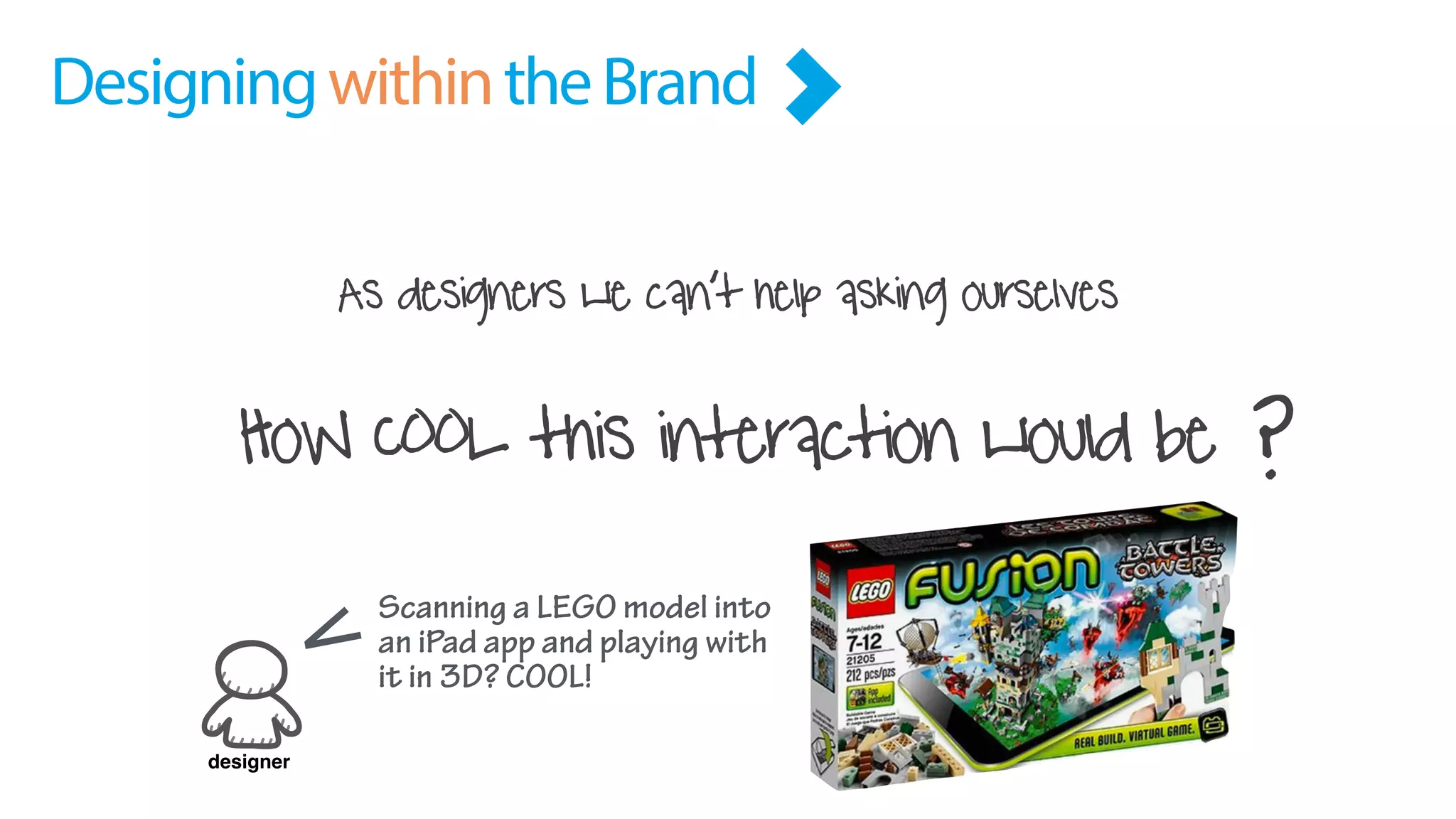 DesigningwithintheBrand
As designers we can’t help asking ourselves
HoW COOL this interaction would be ?
Scanning a LEGO model into
an iPad app and playing with
it in 3D? COOL!
designer
 