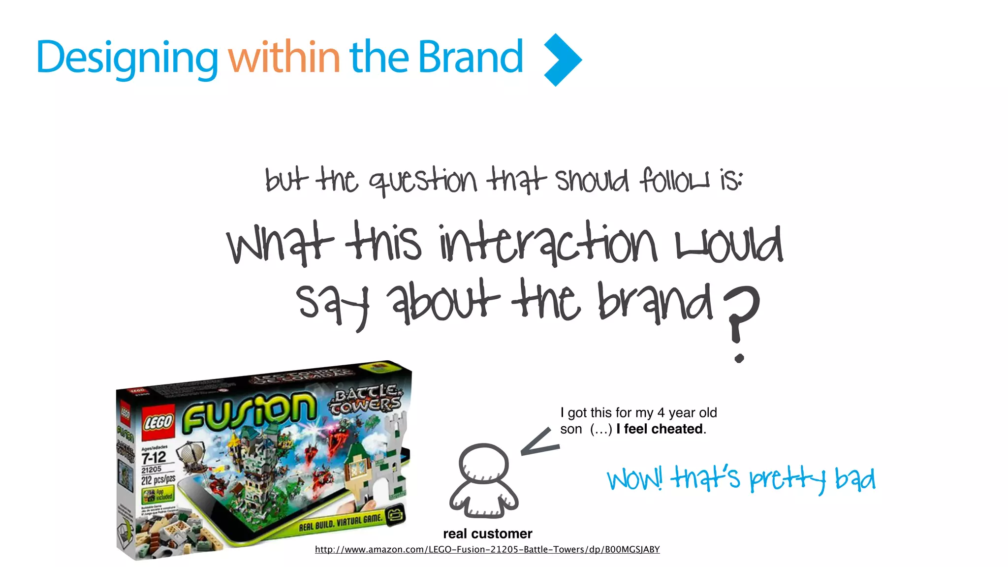 What this interaction would
say about the brand
?
but the question that should follow is:
real customer
I got this for my 4 year old
son (…) I feel cheated.
WoW! that’s pretty bad
http://www.amazon.com/LEGO-Fusion-21205-Battle-Towers/dp/B00MGSJABY
DesigningwithintheBrand
 
